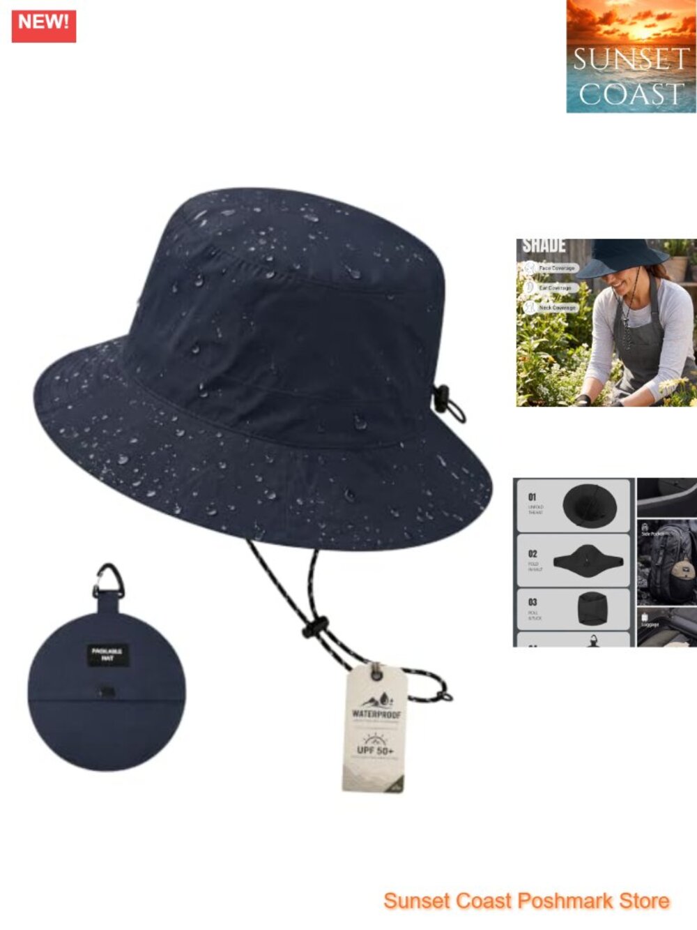 Waterproof Bucket Hat Packable UPF 50+ Sun Rain Hat Chin Strap